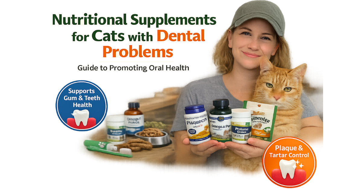 Woman holding cat and dental supplements for cats with dental problems
