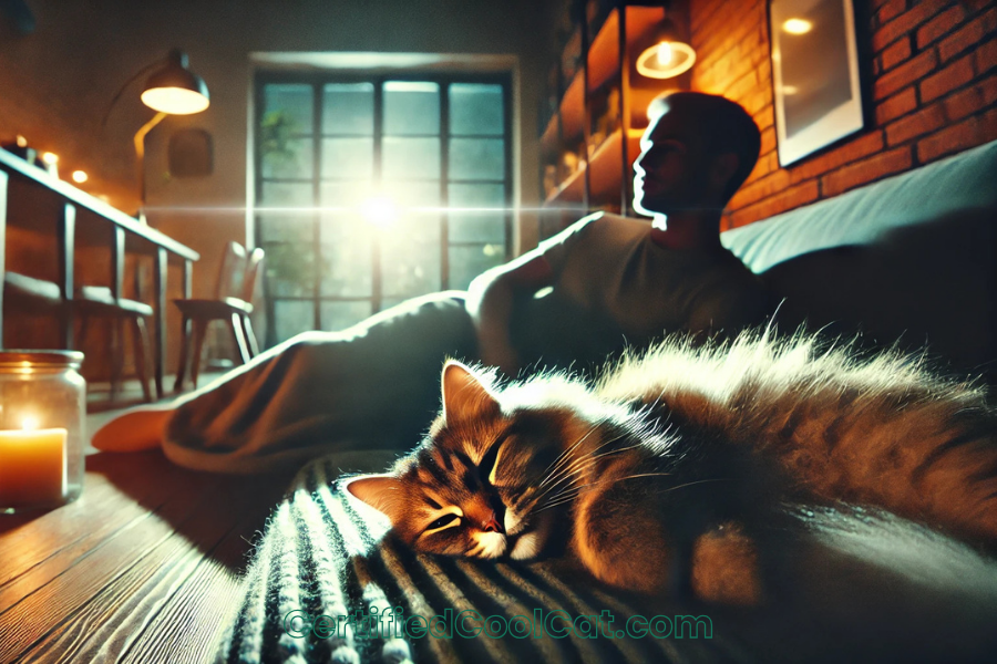 wide cinematic image showcasing a peaceful indoor setting with a cat curled up, purring beside a relaxed person. The warm lighting and soft glow highlight the healing power of cat purring