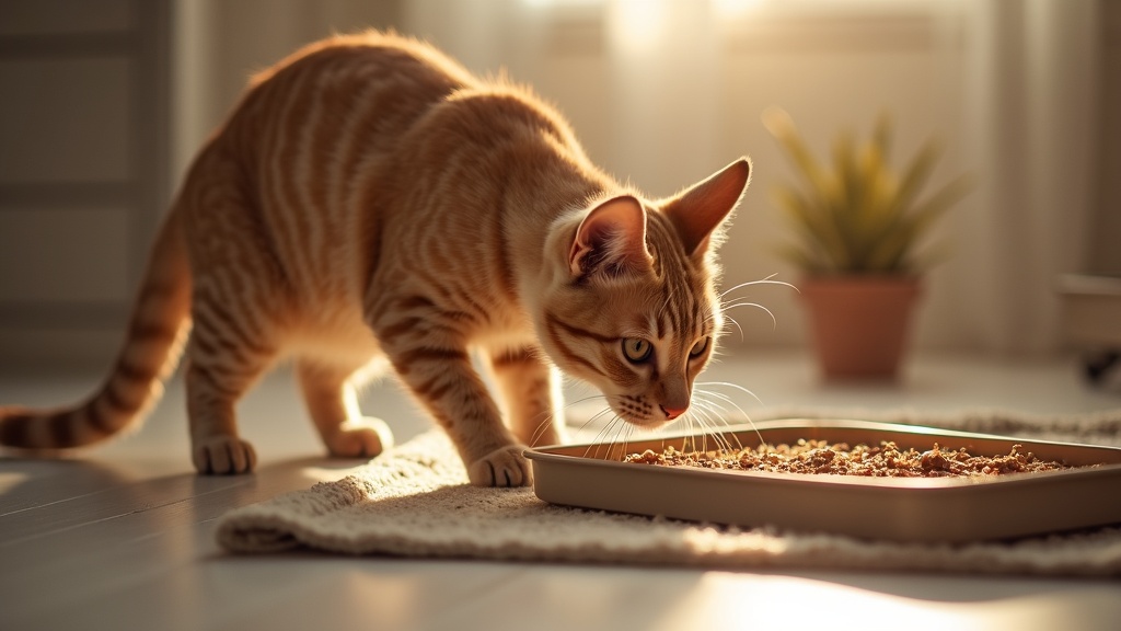 A curious cat sniffing a new type of litter in a clean litter box