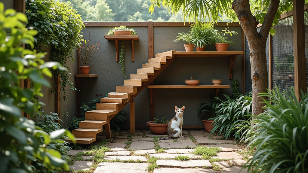Outdoor cat enclosure featuring multiple shelves and ramps for cats, surrounded by plants.