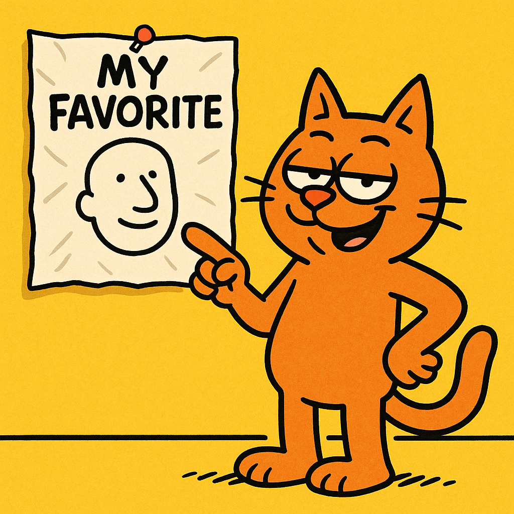 Goofy Animated Image Of A Smug Cat Pointing To a Drawing Of His Favorite Human As If He's Showing It Off To an Art Class