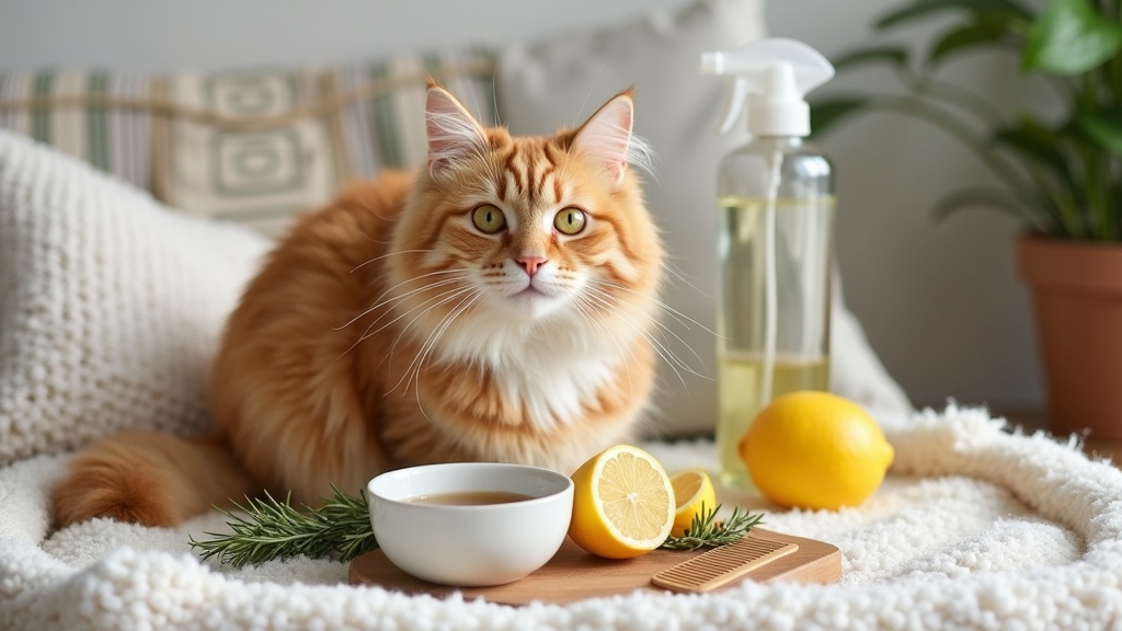 A cozy cat lounging in a sunny room free of fleas, surrounded by natural flea-repelling items like cedar chips, lemons, and a bowl of chamomile tea.