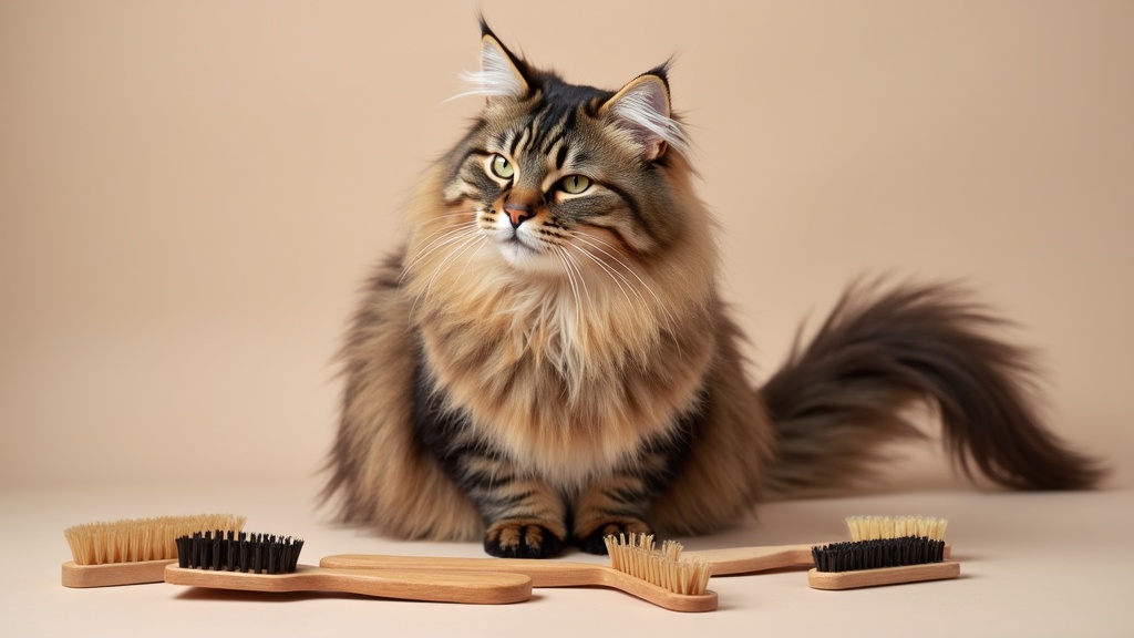 Selection of cat brushes and long-haired cats being groomed