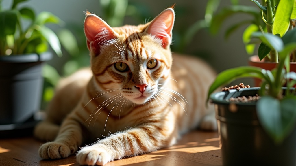 A relaxed domestic short-haired cat resting in sunlight among green houseplants