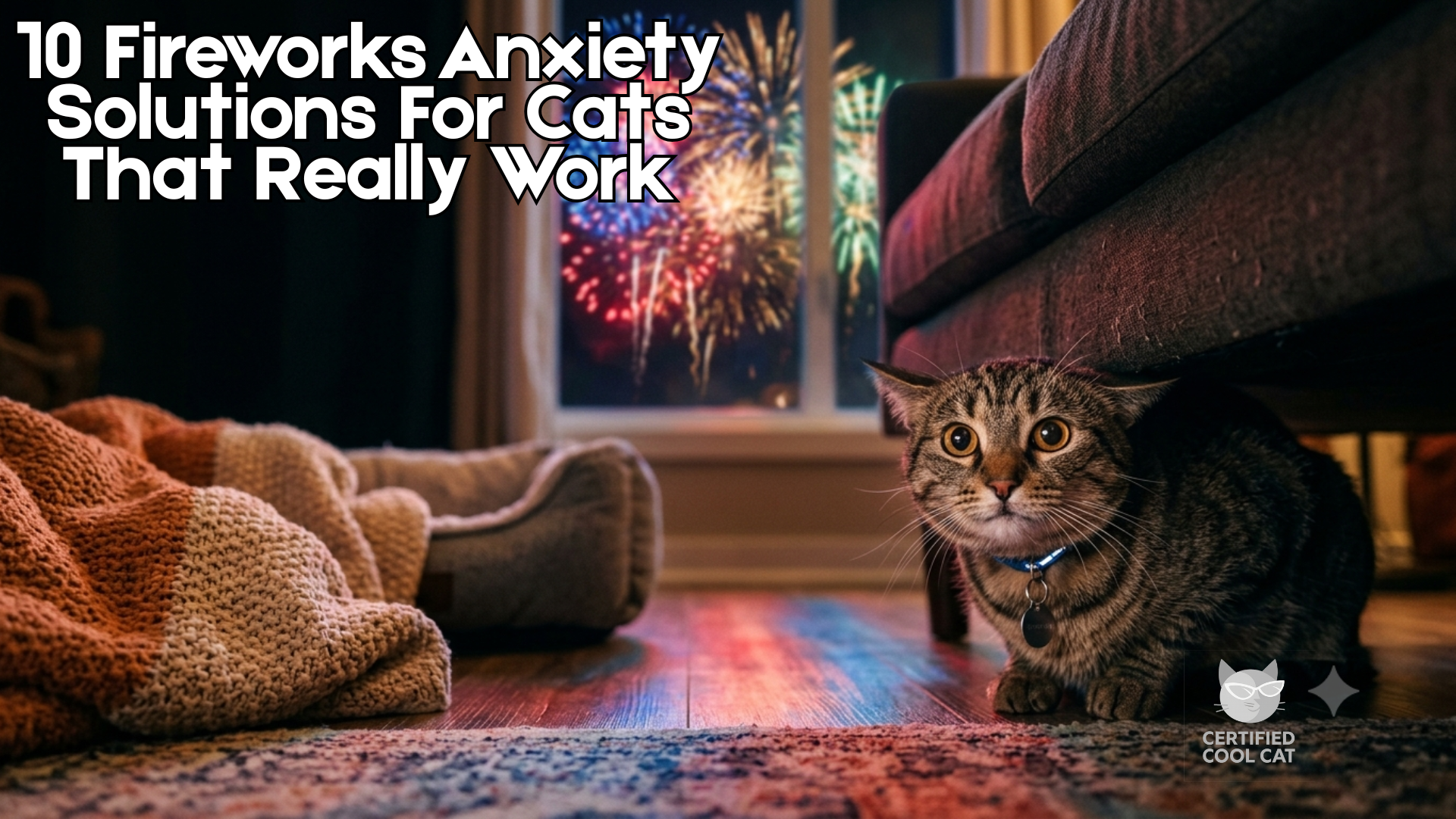 Wide eyed tabby cat hides under a sofa as fireworks explode outside, illustrating fireworks anxiety solutions for cats.