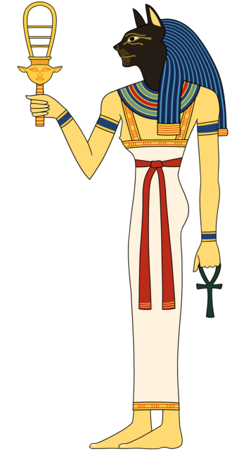 Bastet the Goddess staring to the left at an object she's holding so ancient Egyptians worshipped cat-like Gods or Goddesses