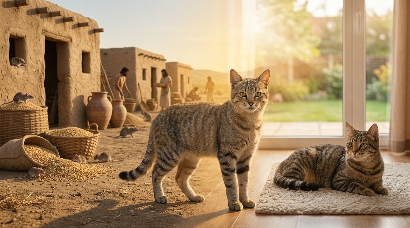 An image showing how cats became domesticated with a cat going from ancient Egypt to a modern home