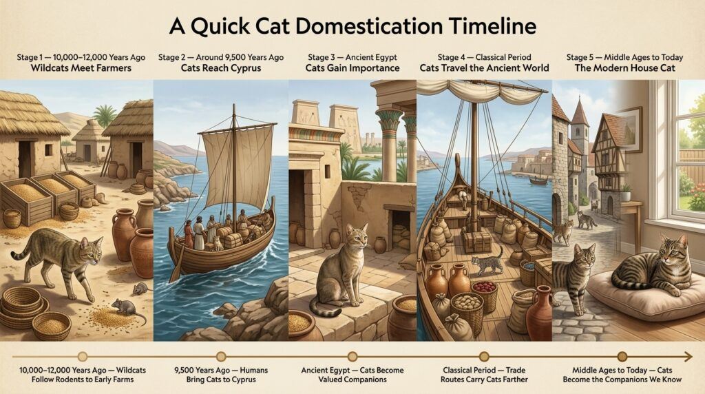 An illustrated timeline answering how did cats become domesticated
