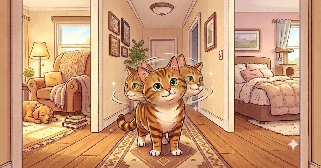 Illustrated tabby cat looking around a cosy home, showing fireworks anxiety solutions for cats through a safe indoor environment.