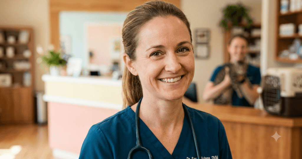 Smiling veterinarian in a clinic discussing fireworks anxiety solutions for cats with pet owners.