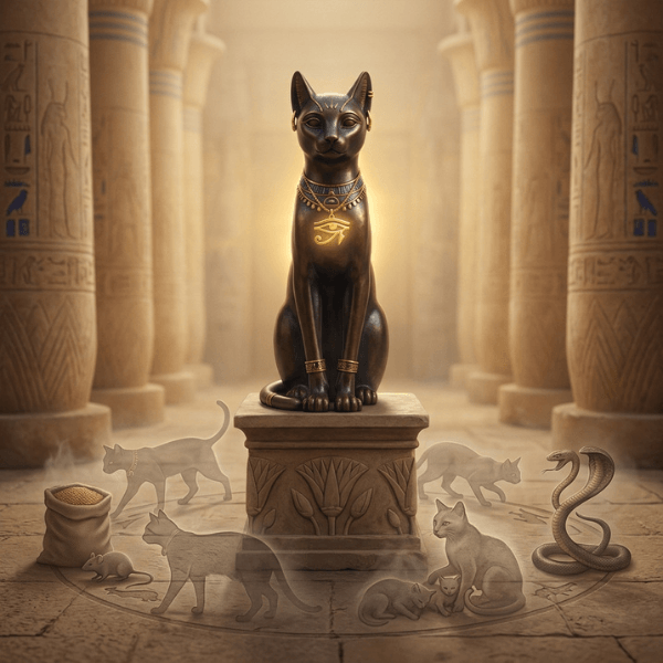 Image of a cat statue surrounded by semi-transparent images of cats in their multiple roles as cats in ancient Egypt