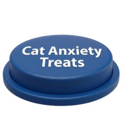 Blue button labelled “Cat Anxiety Treats” representing cat anxiety treats for calming stressed cats.