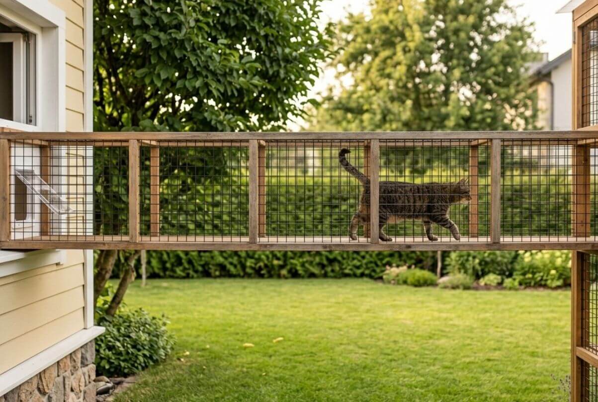 Catio ideas featuring an enclosed outdoor cat tunnel connecting a house window to a backyard catio