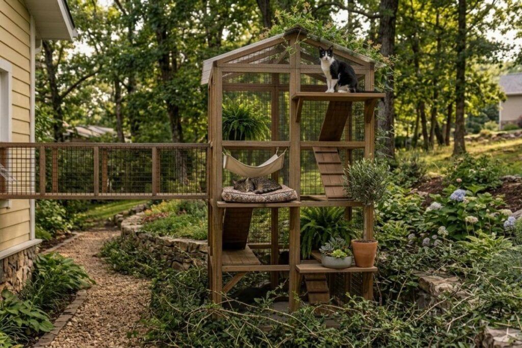 Multi-level catio ideas with climbing ramps, platforms, hammock, and enclosed tunnel for cats