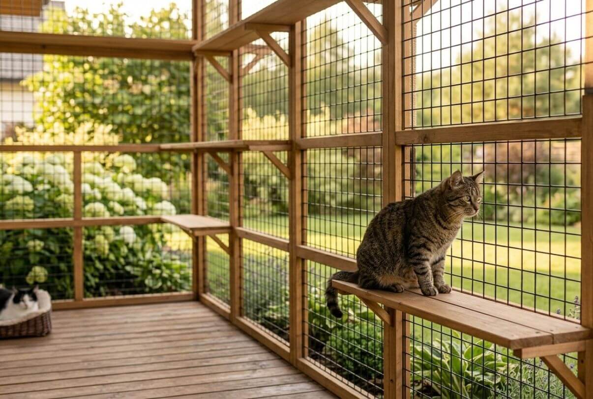 Porch catio ideas with secure mesh walls, wooden shelves, and cats relaxing outdoors