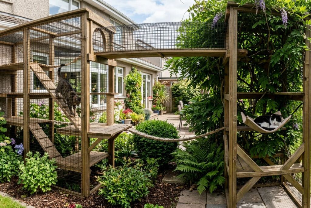 Ultimate backyard catio ideas can combine a large enclosed space with climbing shelves, plants, resting areas, and plenty of room to explore